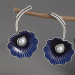 El Regalo Women's & Girl's Gorgeous Roast Blue Pearl Cloisonne Lotus Earrings- Vintage Blue Enamel Lotus Leaf Drop Freshwater Pearl Earrings