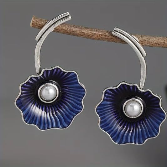 El Regalo Women's & Girl's Gorgeous Roast Blue Pearl Cloisonne Lotus Earrings- Vintage Blue Enamel Lotus Leaf Drop Freshwater Pearl Earrings