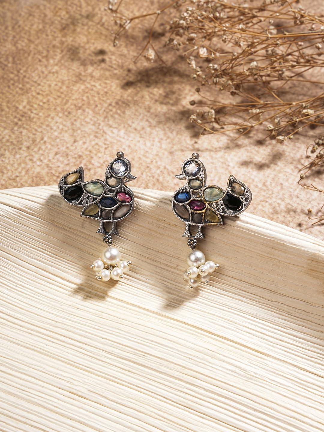 El Regalo Women's & Girl's Victorian Style Multi-Colored Stones Peacock Pearls Stud Earrings - Oxidized "Feathered Fantasia" Silver-Toned Birds with Multicolored Stones & Dangling Pearls