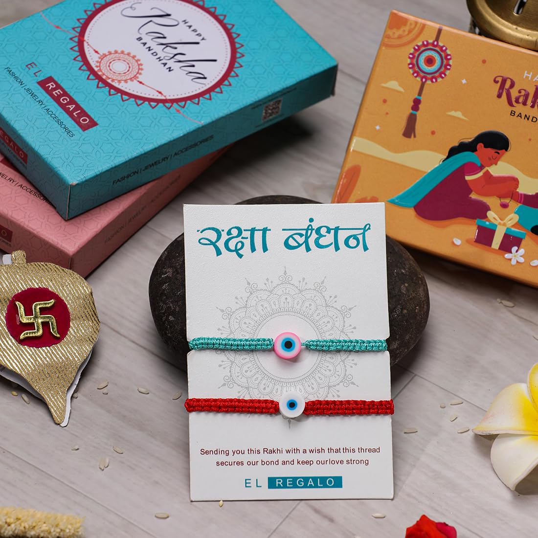 El Regalo 2PCs Rakhi Combo Set for Bhai-Bhabhi or Bhai-Bhatija/Bhatiji- 2 Evil Eye Rakhis Set with Roli Chanwal, Rakhi Card in Rakhi Gift Box (Option-4)