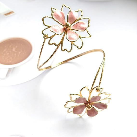El Regalo Floral Enamel Armlet/Bajuband for Women & Girls - Adjustable Gold-Plated Upper Arm Cuff Bracelet | Bohemian Armlet for Weddings, Festivals & Dance Performances (Big Pink Flower)