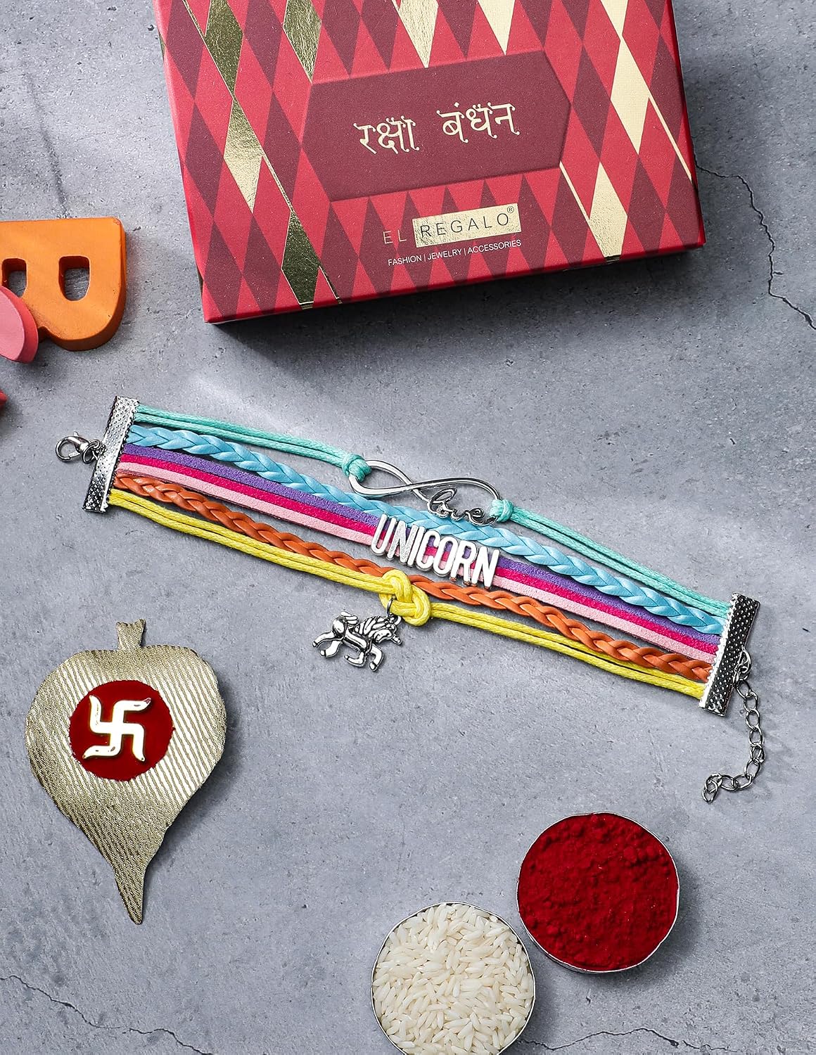 El Regalo Multi-layered Unicorn Infinity Love Charm Rakhi for Brother/Sister/Niece/Nephew with Roli Chawal in Rakhi Gift Box (Unicorn)