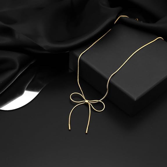 El Regalo Stainless Steel Bow Tie Pearl Necklace- Anti Tarnish, Waterproof, Minimalist, Statement Bow Choker Ribbon Necklace for Girls & Women (Golden Bow Snake)