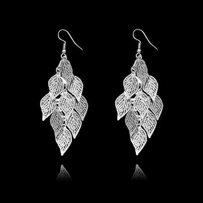 El Regalo 1 Pair Pretty Leaves Bunch Chandelier Earrings for Girls & Women- Boho Lightweight Hollow Filigree Leaves Drop Earrings (Silver)