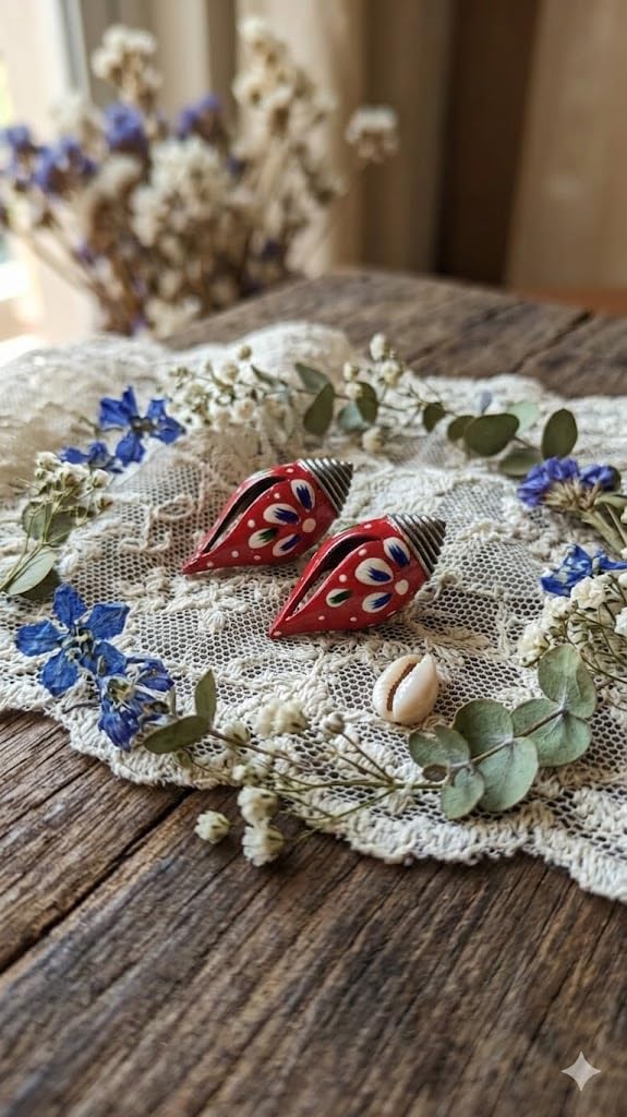 El Regalo Ethnic Hand-Painted Conch-Style Earrings for Women | Ethnic Boho Statement Earrings | Traditional Festival Earrings | Unique Handmade Drop Earrings (Red)