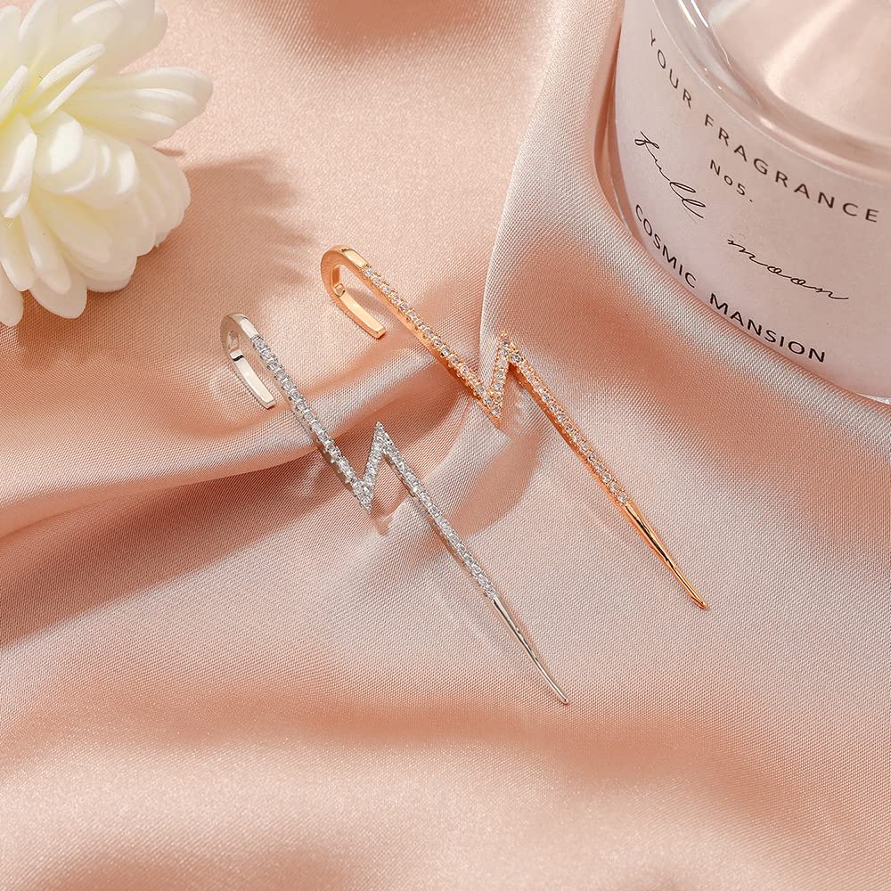 El Regalo 2PCs Fancy Lightning Bolt Edgy Hook Pin Ear Cuff Earring for Girls & Women - Ear Crawler Ear Pins (1 Gold & 1 Silver)