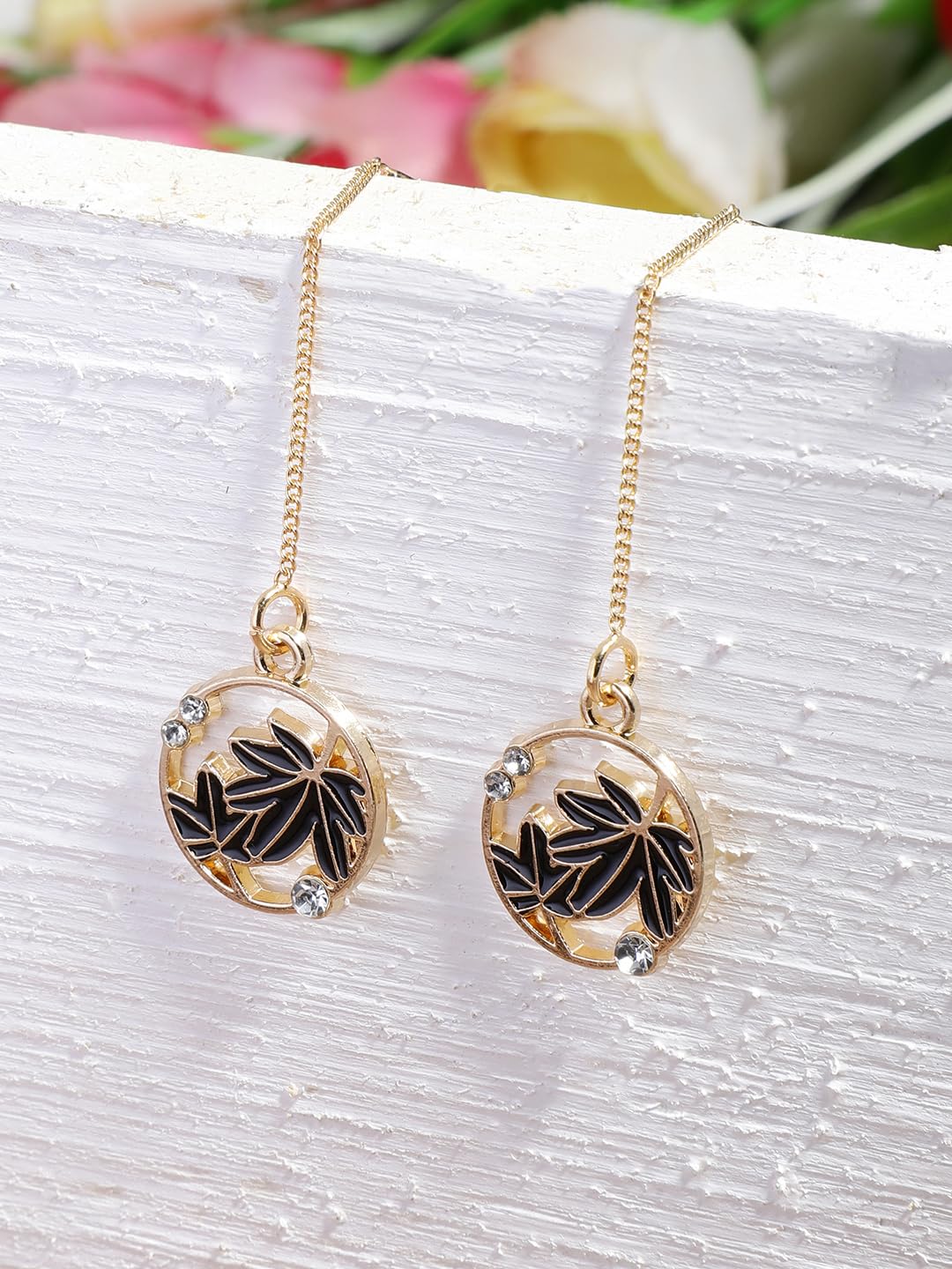 El Regalo 1 Pair Leaves Threader Earrings for Girls & Women- Statement Long Tassel Threader Earrings- Gift for Her (Black)