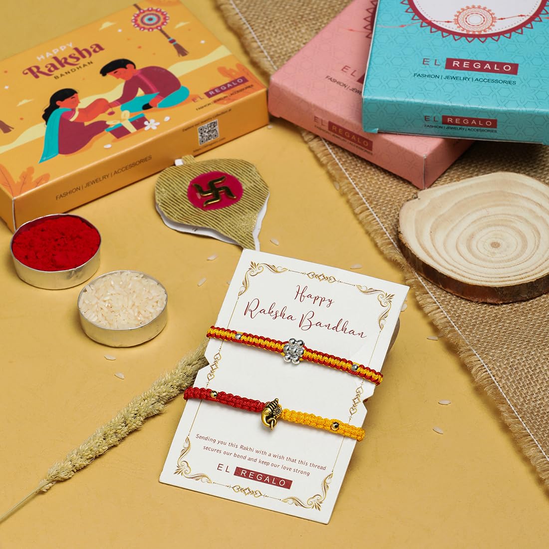 El Regalo 2 Hamsa Hand Evil Eye OM Rakhi Combo - Rakshabandhan Moli Charms Rakhi with Message Card & Roli Chawal Shagun in Rakhi Box for Bhaiya/Babhi/Bhatija/Bhatiji (Option-2)