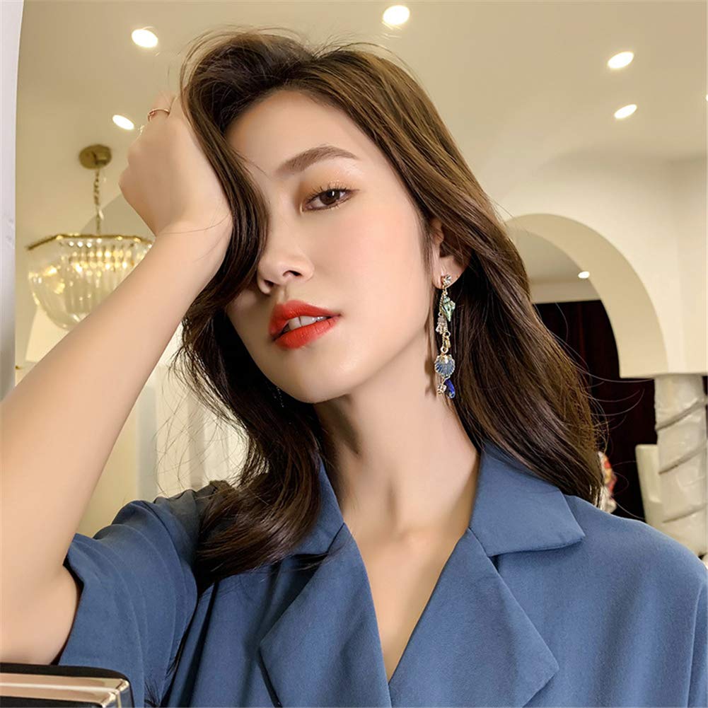 El Regalo Sparkly Bohemia Long Tassel Blue Ocean Shell Dangle Earrings Shine Rhinestone Scallop Beach Earrings For Women Girls Charm Statement Colorful Crystal Jewelry (Blue)