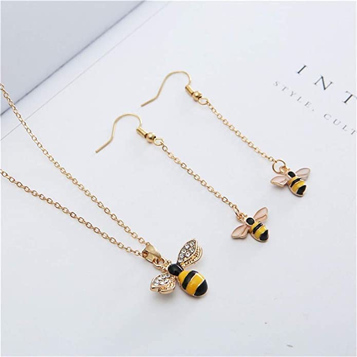 El Regalo Enamel Honeycomb Bee Earrings, Pendant Necklace Jewelry Set for Girls & Women - Geometric Hexagon Honeycomb Beehive Dangle Earrings (Style-2)