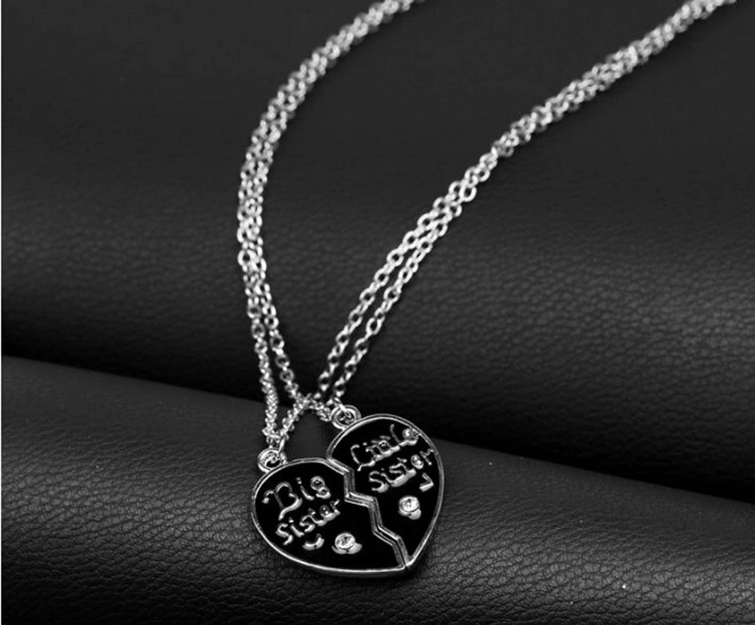 El Regalo Girl's Little Sis Big Sis Bff Best Friends Puzzle Heart Matching Pendant Necklaces Set (Black) 2 Pieces
