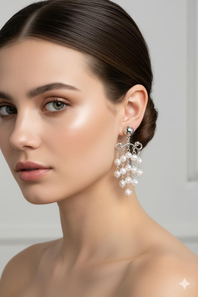 El Regalo Contemporary Silver-Tone Earrings with Cascading Pearls - Modern Pearls Tassel Drop Earrings for Women & Girls