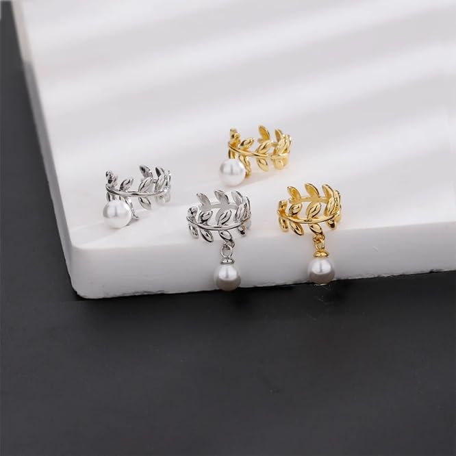 El Regalo 2 Pairs Leaf Pearl Ear Clip Cuff Earrings for Women & Girls - No Piercing Olive Leaf Cartilage Clip-on Earrings Combo (Gold & Silver Finish, Minimalist Pearl Design)