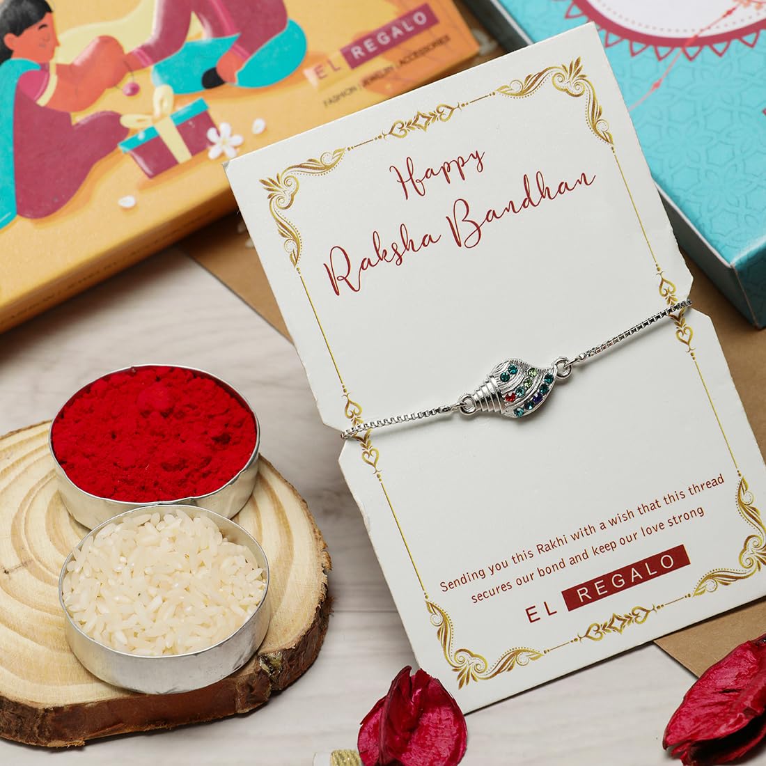 El Regalo 1PC Auspicious CZ Shell Bracelet Chain Rakhi for Brother- Designer Sankh Rakhi with Roli Chawal, Message Card in Rakhi Gift Box for Bhaiya/Bhabhi/Niece or Nephew