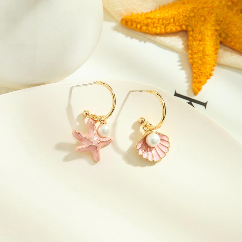 El Regalo Pearl Shell Starfish Enamel Asymmetrical Earrings for Girls & Women- Pearls Shells Ocean Theme Jewelry