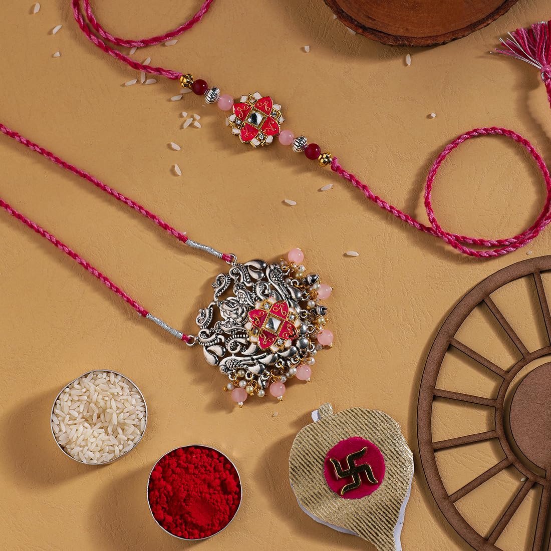 El Regalo Designer Bhaiya- Bhabhi Rakhi Luma/Lumba Set- Kundan, Pearls Rakhi with Roli Chawal in Gift Box- Luma Convertible into Necklace (Option-1)