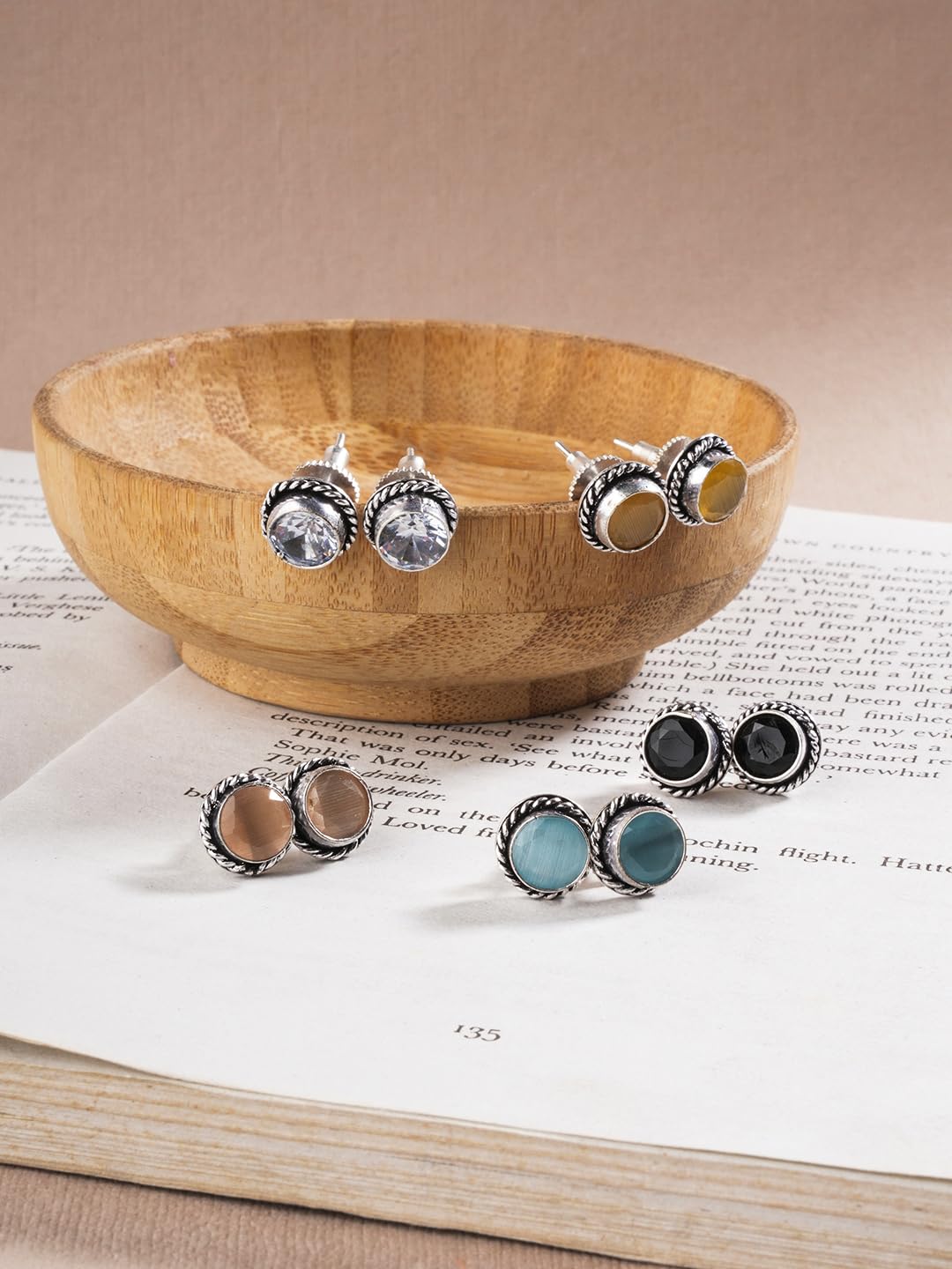 El Regalo 5 Pairs Oxidized German Silver Small Monalisa Stones Stud Earrings Combo Set in Antique Silver Finish for Women/Girls- Timeless Elegance for Casual and Formal Wear (Multi Option-2)