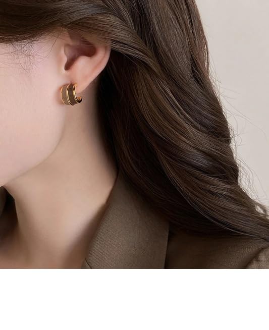 El Regalo 3 Pairs Fashion Maillard Drip Glaze Half Hoop Stud Earrings Combo for Girls & Women - Elegant Gold Plated Modern Enamel Small Hoop Earrings Set (Beige Brown Tones)