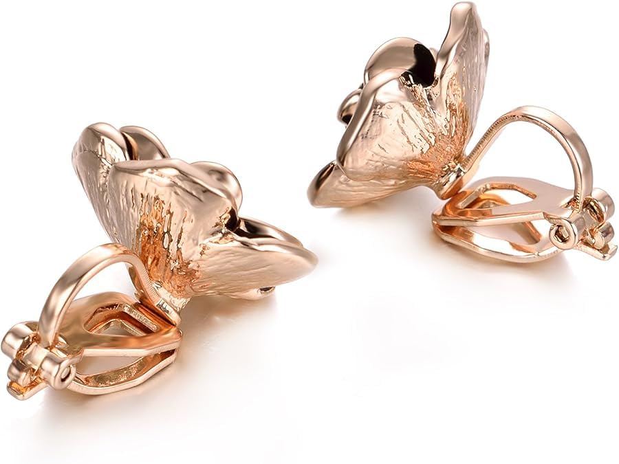 El Regalo Black Rose Flower Vintage Clip On Fake Stud Earrings for Women & Girls - No Piercing Required, Black Gypsy Wild, Gold-Plated Earring Clips for Non-Pierced Ears