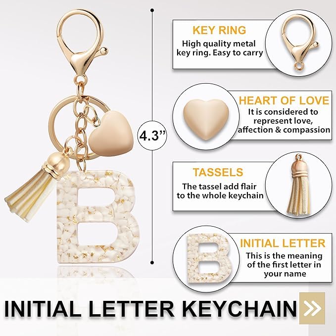 El Regalo Name Initials Letter Heart Charm Keychain - Personalized Resin Initial Keyring with Tassel, Cute & Durable Backpack Charm for Women & Girls (B Letter)