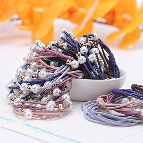 El Regalo Set of 5 Knotted Elastic Pearls Hair Ties Rubber Band Ponytail Holder for Girls/Kids/Women (3 Pearls Multi Layers Rubber bands)