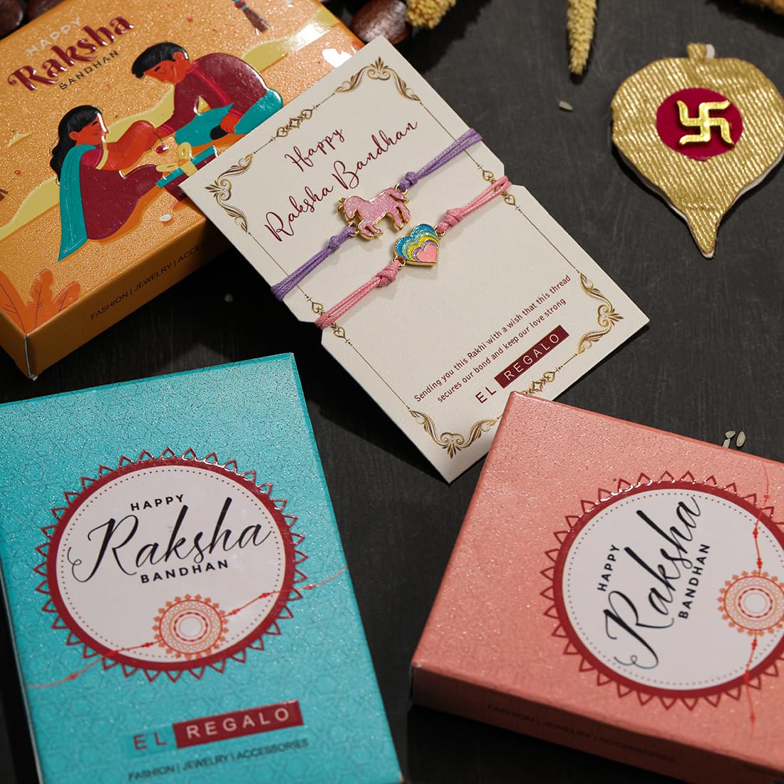 El Regalo 2PCs Cute Kids Bracelet Rakhi Combo Sets- Fancy Kids Rakhi for Brother/Sister with Roli Chwal, Rakhi Message Card in Rakhi Box for Babies/Toddlers/Kids (Unicorn & Heart Rakhi)