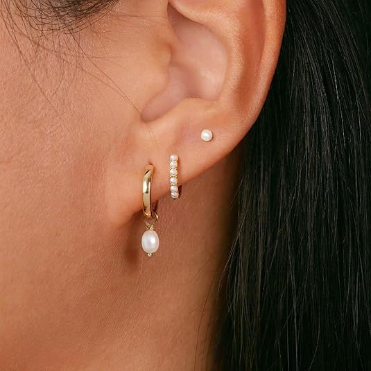 El Regalo 3 Pairs Cartilage Earrings Set for Women & Girls | Gold Plated Pearl Hoop Earrings Combo | Cute Huggie Hoop & Pearl Drop Earrings | Helix, Lobe & Cartilage Earrings Pack