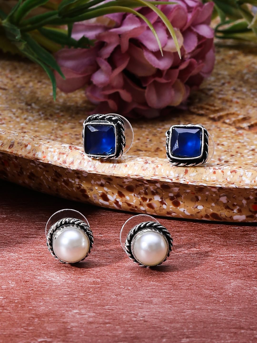 El Regalo 2 Pairs Silver Replica Oxidized Stud Earrings for Girls & Women - Square Monalisa Stone Brass Earrings - Traditional Antique Look Earrings (Option-2)