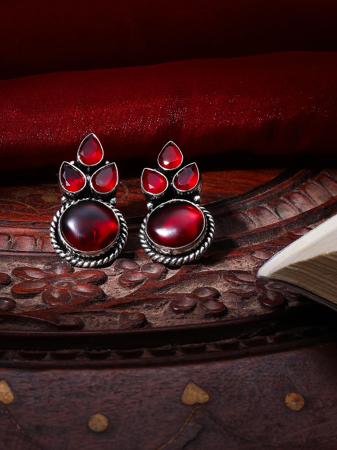 El Regalo Silver Look-Alike Oxidized Earrings for Women - Handcrafted Elegant Leaf Design Brass Earrings with Monalisa Stones - Traditional Earrings for Ethnic & Casual Wear (Red)