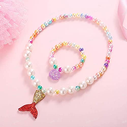 El Regalo 2 PCs Girls Mermaid Princess Necklace & Bracelet Set. Colorful Shiny Beads Bow Kids Costume Jewelry (Red Mermaid Set)