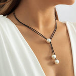 El Regalo Boho Double Layers Leather Pearl Suede Y Drop Adjustable Necklace for Girls & Women- Contemporary Black Leather Wrap Choker Necklace- Gothic Tie Up Necklace