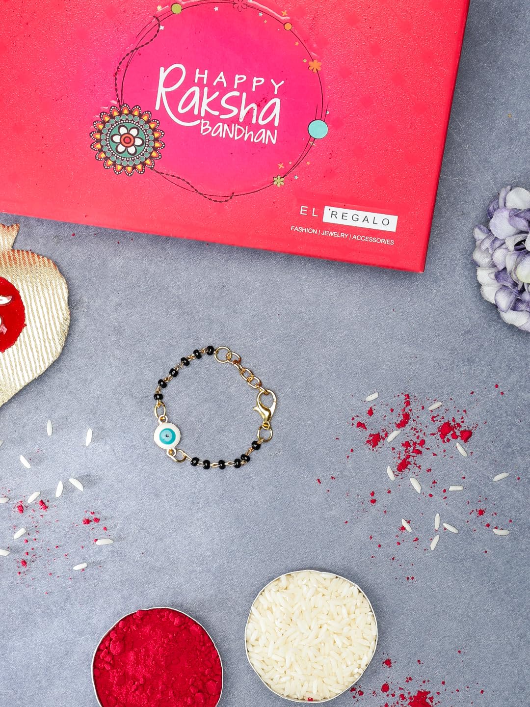 El Regalo Cute Evil Eye Nazaria Bracelet Rakhi for Babies/Kids with Roli Chawal, Rakhi Message card in Rakhi Gift Box- Baby Nazaria Rakhi (White Evil Eye Nazaria Rakhi)