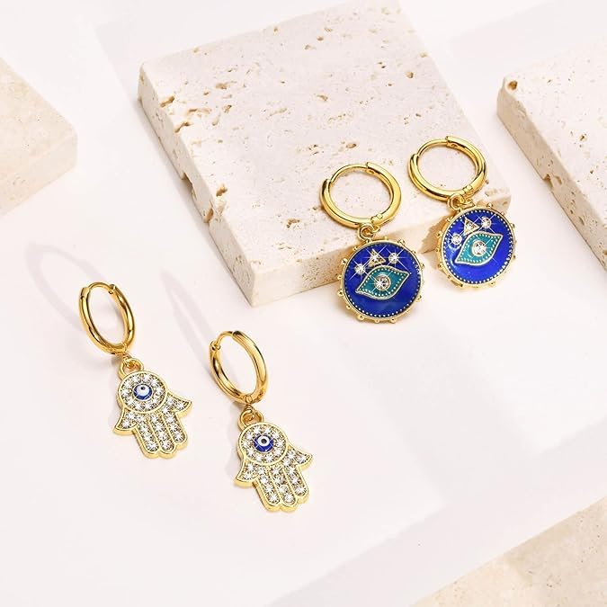 El Regalo 2 Pairs Evil Eye Hamsa Hand CZ Earrings for Girls/Women - Micro-inlaid Cubic Zirconia Evil Eye & Hamsa Hand of Fatima Earrings, Fashion Dangle Drop Earrings