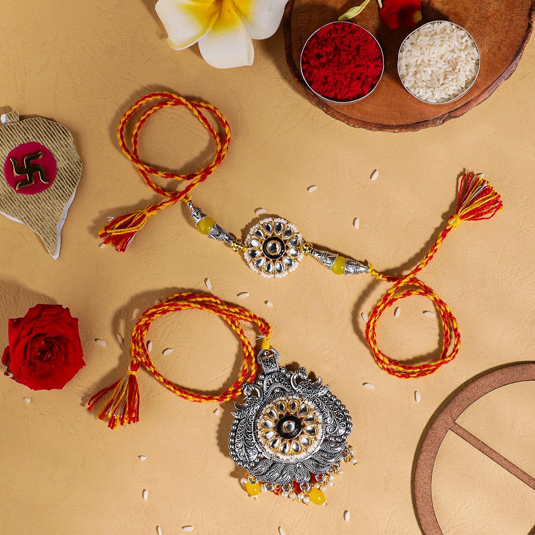 El Regalo Designer Bhaiya- Bhabhi Rakhi Luma/Lumba Set- Kundan, Pearls Rakhi with Roli Chawal in Gift Box- Luma Convertible into Necklace (Option-10)