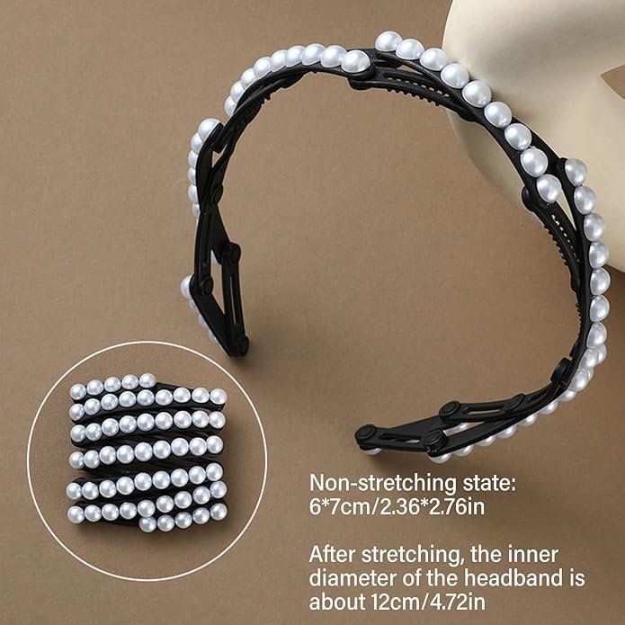 El Regalo Stretchable Foldable Pearl Headband for Women & Girls - Elegant Anti-Slip Hairband for Long & Short Hair, Portable Retractable Hair Accessory for Travel & Everyday Wear (Black, One Size)