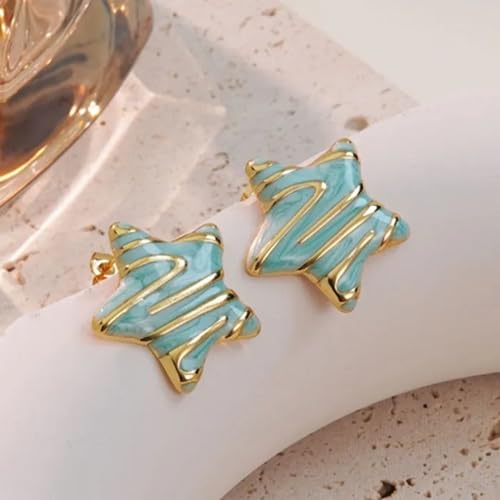El Regalo Stainless Steel Star Stud Earrings for Girls & Women | Anti-Tarnish Gold Plated Cute Star Shape Enamel Contenporary Fashion Studs Earrings (Turquoise Green)