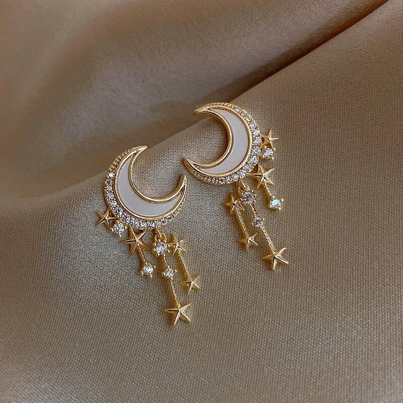 El Regalo Golden Moon, Pearl, Cat, Flower, Wings Dangle Earrings For Girls & Women- Temperament Pearl Cherry Cat Rhinestone Earring Girl Party Jewelry Gift (Moon Star Tassel Earrings)