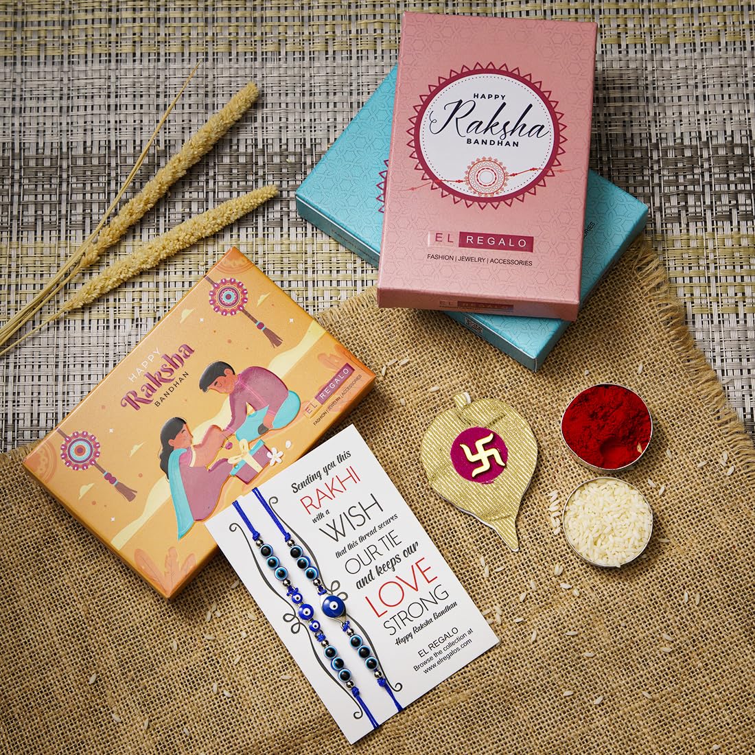 El Regalo 2PCs Evil Eye Rakhi Combo Set for Bhai-Bhabhi or Bhai-Bhatija/Bhatiji- 2 Evil Eye Rakhis with Roli Chanwal, Rakhi Card in Rakhi Gift Box (Option-9)