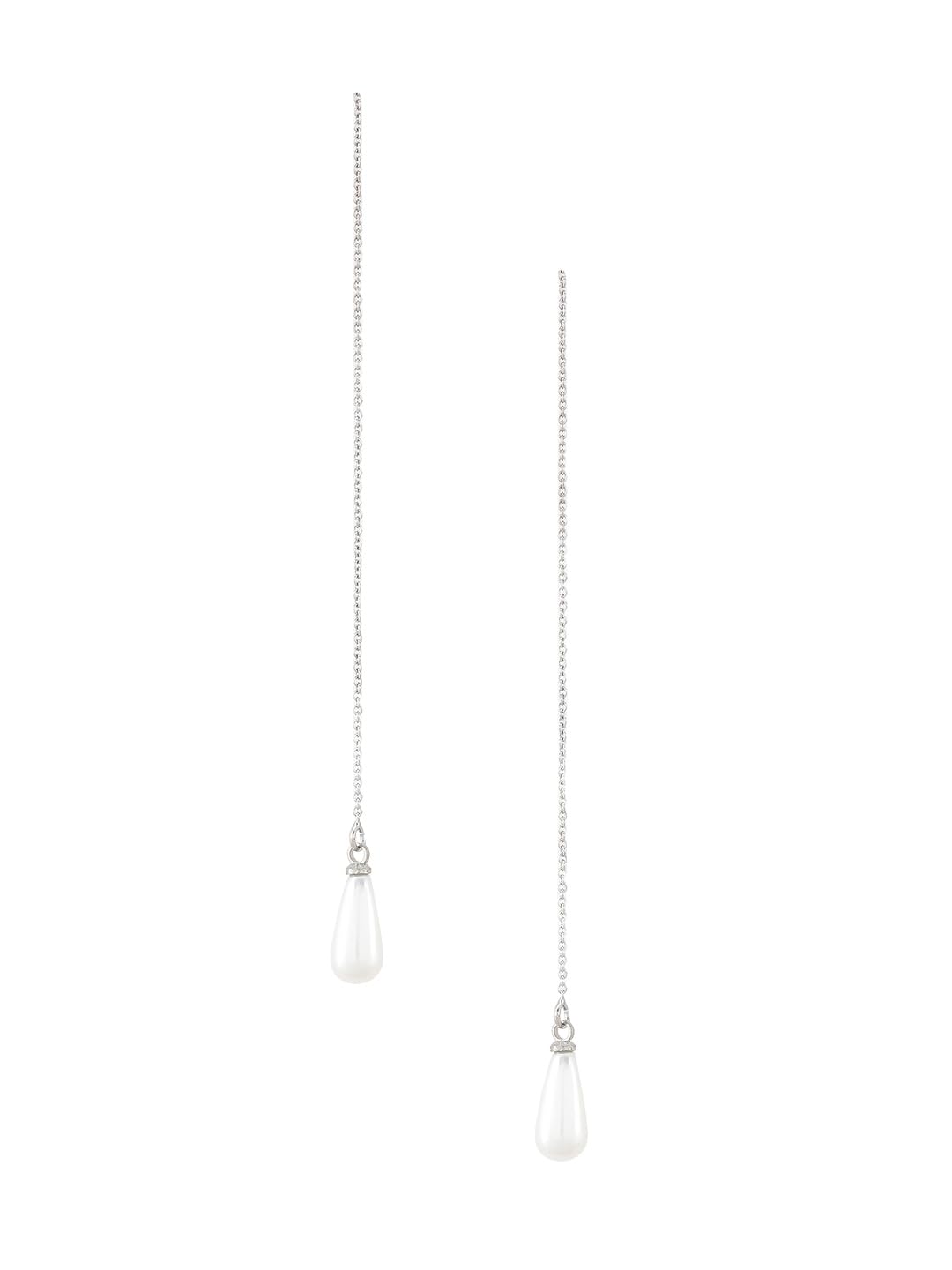 El Regalo 1 Pair Long Needle- Threader Earrings- Trendy, Contemporary, Fashionable Sui Dhaaga Earrings with Pearl-Shell, Butterfly, Pearl Drops, Heart, Mermaid Charms (Silver Drop Pearl Threader)