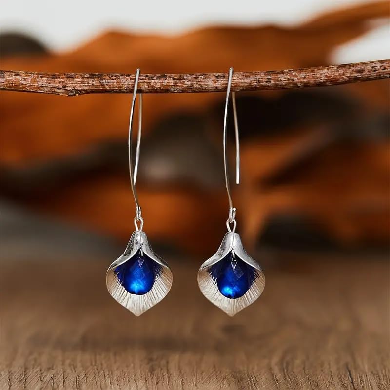 El Regalo Beautiful Orchid Blue Crystal Hook Western Earrings- Classic Long Threader Hook Leaf Dangle Statement Earrings