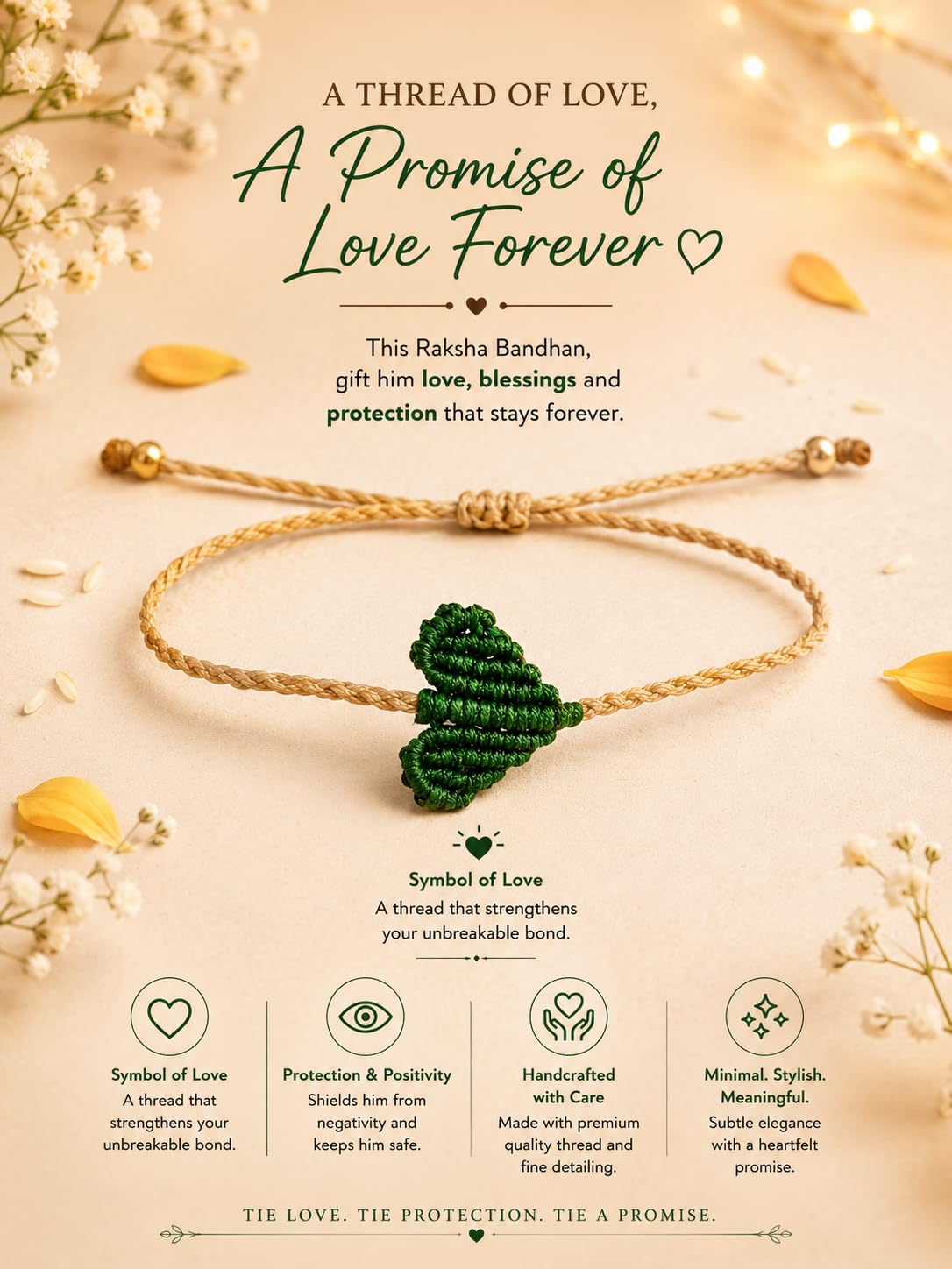 El Regalo Simple Heart Bracelet Rakhi for Brother - Handwoven Adjustable Macrame Rakhi with Roli Chawal | Minimalist Rakshabandhan Bracelet for Bhai in Elegant Rakshabandhan Box (Green)