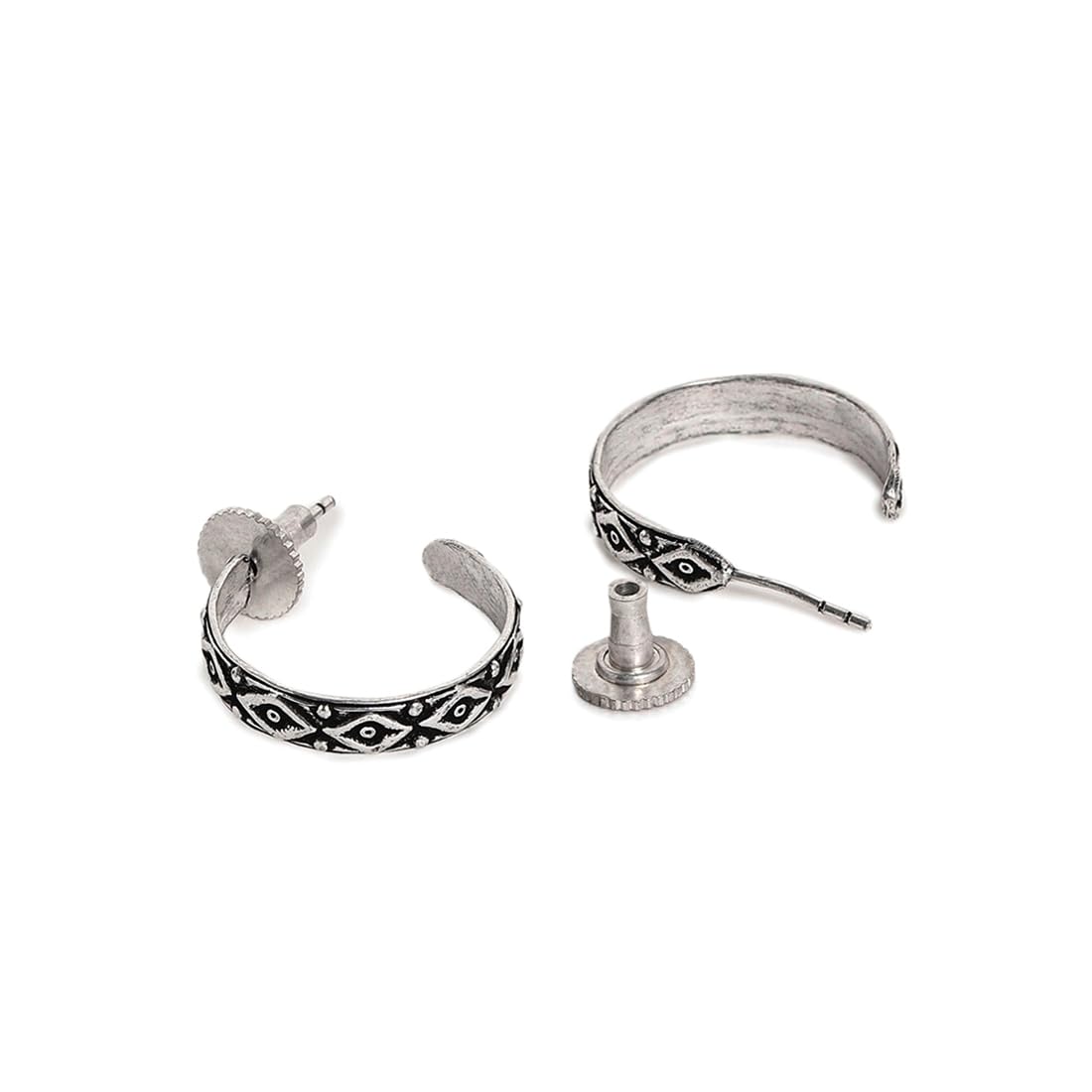 El Regalo 2 Pairs Tribal Oxidized Half Hoop Earrings, Huggie Earrings- Hammered Bohemian Oxidized German Silver Baali Earrings (Option-3)