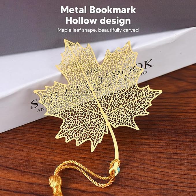 El Regalo Exquisite Metal Leaf Bookmark with Tassel - Gold Plated Hollow Leaves Brass Bookmarks for Students, Book Lovers, Writers, Teachers (Golden Maple Leaf)