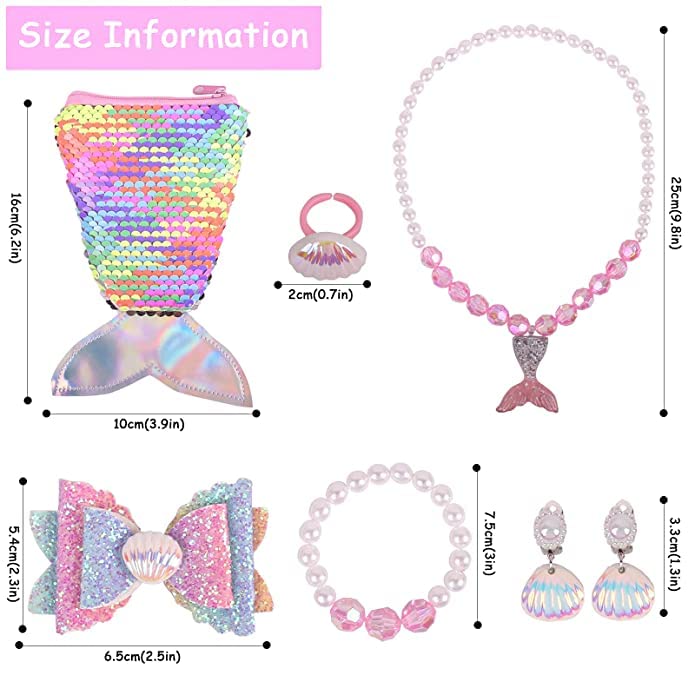 El Regalo 6-Piece Mermaid Princess Girls Kids Dress Up Jewelry Gift Box Set - Sequins Mermaid Tail Coin Purse Necklace Bracelet Ring Pearl Earrings Gifts for Girls (Shiny Pink Mermaid Jewelry Set)