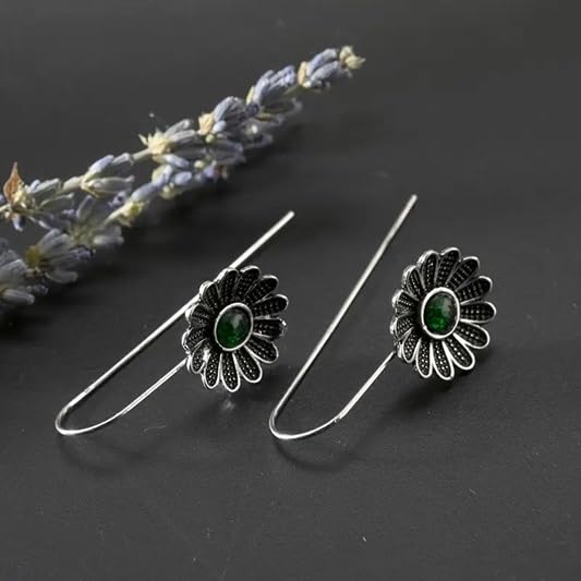 El Regalo Women's & Girl's Vintage Bohemian Style Green Rhinestone Flower Hook Earrings- Elegant Pastoral Style Floral Earrings in Antique Silver Finish