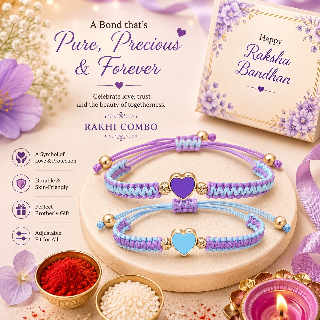 El Regalo 2PCs Minimalist & Elegant Heart Bracelet Rakhi Combo Set for Brother/Bhai/Bhaiya-Bhabhi with Roli-Chawal & Rakhi Gift Box - Handwoven, Beautifully Packaged (Purple & Blue)