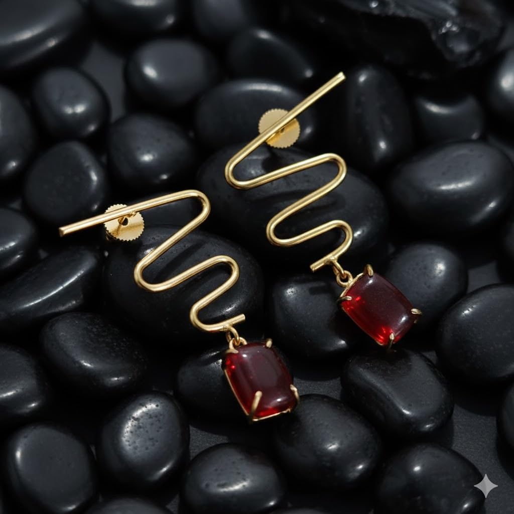 El Regalo Modern Zigzag Brass Statement Drop Earrings for Women & Girls - Contemporary Geometric Handmade Jewelry with Rectangle Stones Drops - Studs for For Western & Ethnic Wear (Ruby Red)