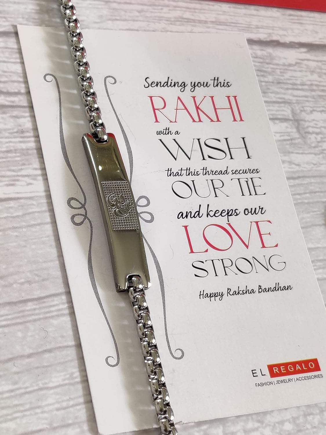 El Regalo 1 PC Stainless Steel OM Chain Rakhi for Brother/Bhai/Bhatija- Statement Cuban Chain OM Rakhi with shagun, Rakhi Message Card in Rakhi Gift Box (Style-1)