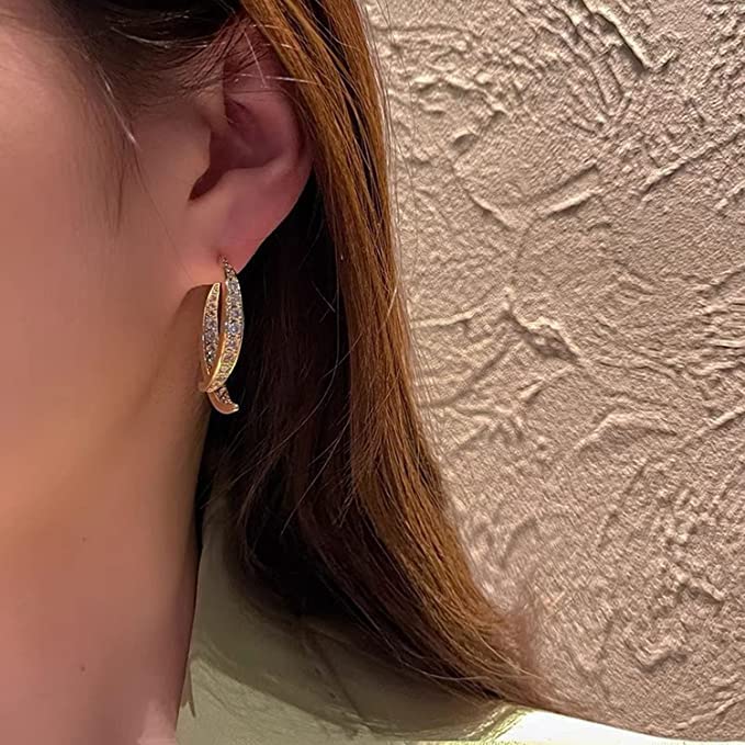 El Regalo Women's & Girl's Cross Curved Earrings, Curved Stick Front Back Linear Drop Hypoallergenic Earrings (Golden AD)