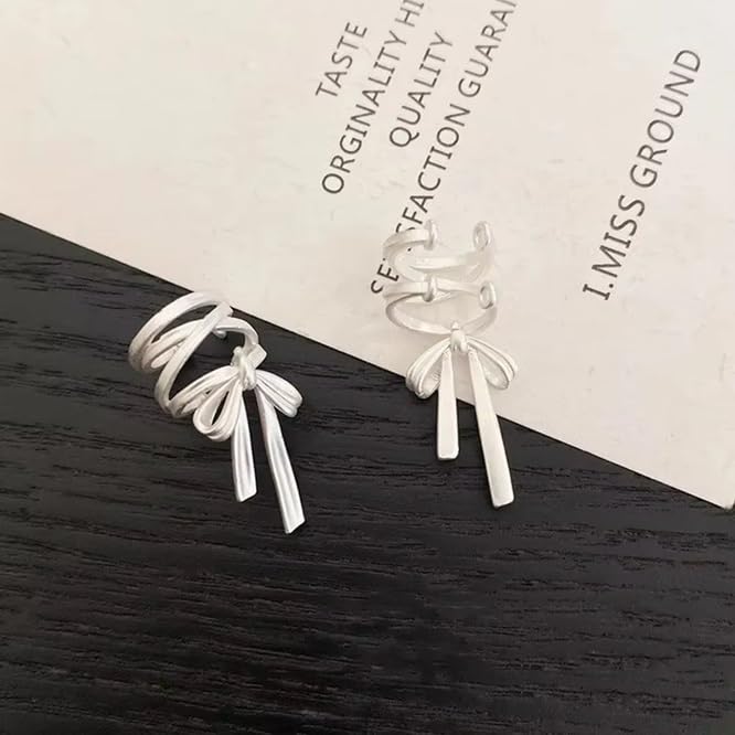 El Regalo Fashionable & Elegant Silver Matt Finish Ear Cuffs for Non Piercing Earrings- Ballet Hollow Cross Ribbon Ear Clips for Girls, Trendy Versatile Clip On Cuff Earrings for Girls & Women